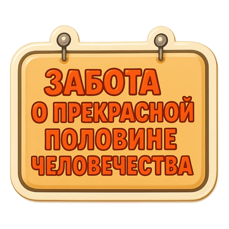flat rectangular beige sign with rounded corners and light shadow, two nails at the top, retro sticker style, text 'Забота о прекрасной половине человечества' in two compact and readable lines sticker