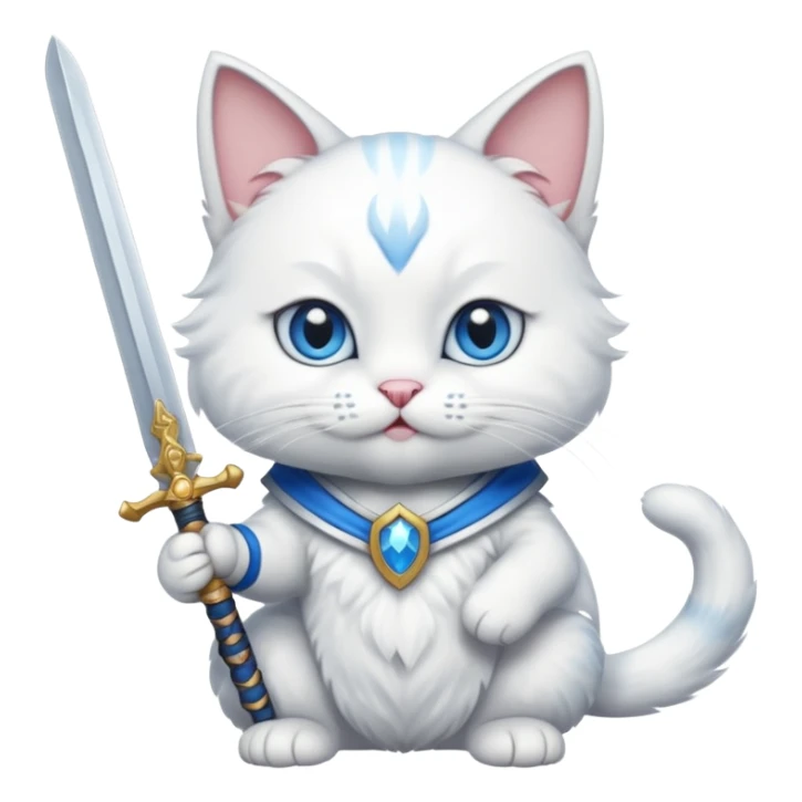 un gato blanco con una espada en cada mano y una en la boca sticker