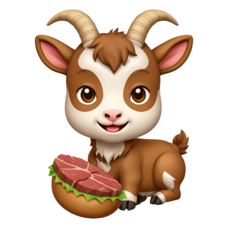 chibi goat emoji, eating meat, in a anime style sticker
