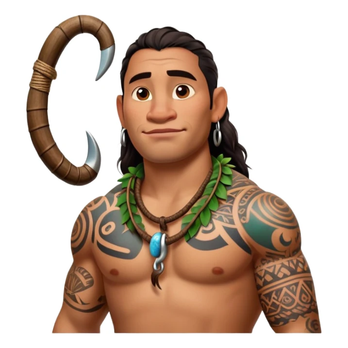 Maui character from Moana with tattoos and large fishhook sticker