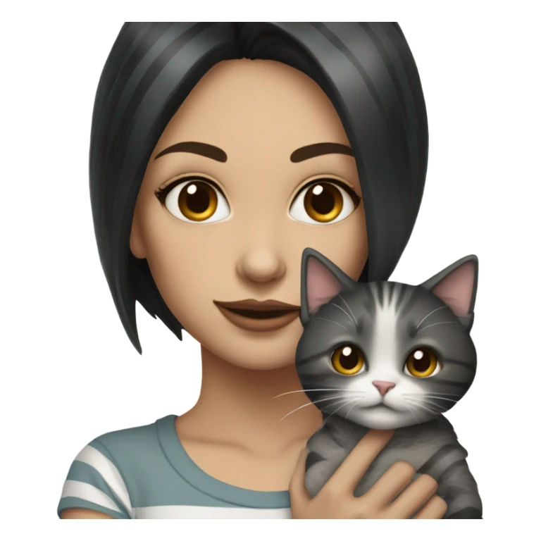 Beautiful dark haired tattooed woman holding gray and white stripe long haired cat sticker