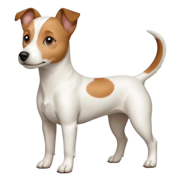 a full body white jack russel looking dog the size of a kelpie with light brown ears and a light brown patch on one eye, flopped down ears and a large snout sticker