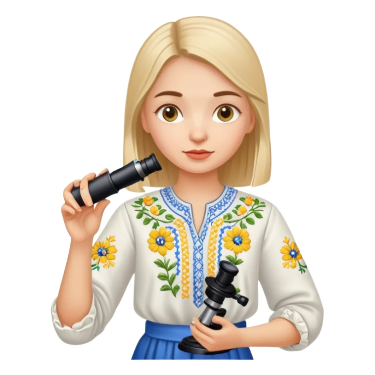Ukrainian girl in traditional embroidered vyshyvanka shirt holding a microscope sticker