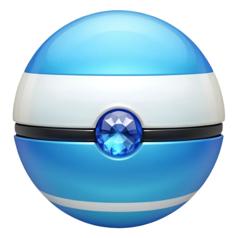 blue pokeball emoji, top half is a more saturated blue, bottom half is white, black stripe, with a white sheen, with a pearlescent finish, with a gemstone effect sticker