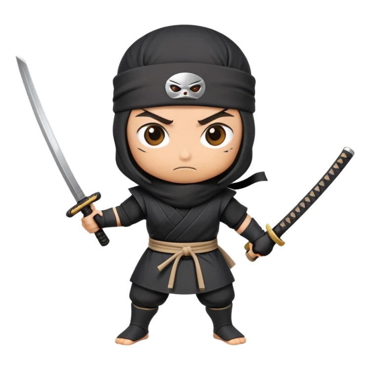 A takeout coffee cup with cartoon eyes, a ninja headband around its lid, and holding a katana in a battle stance sticker