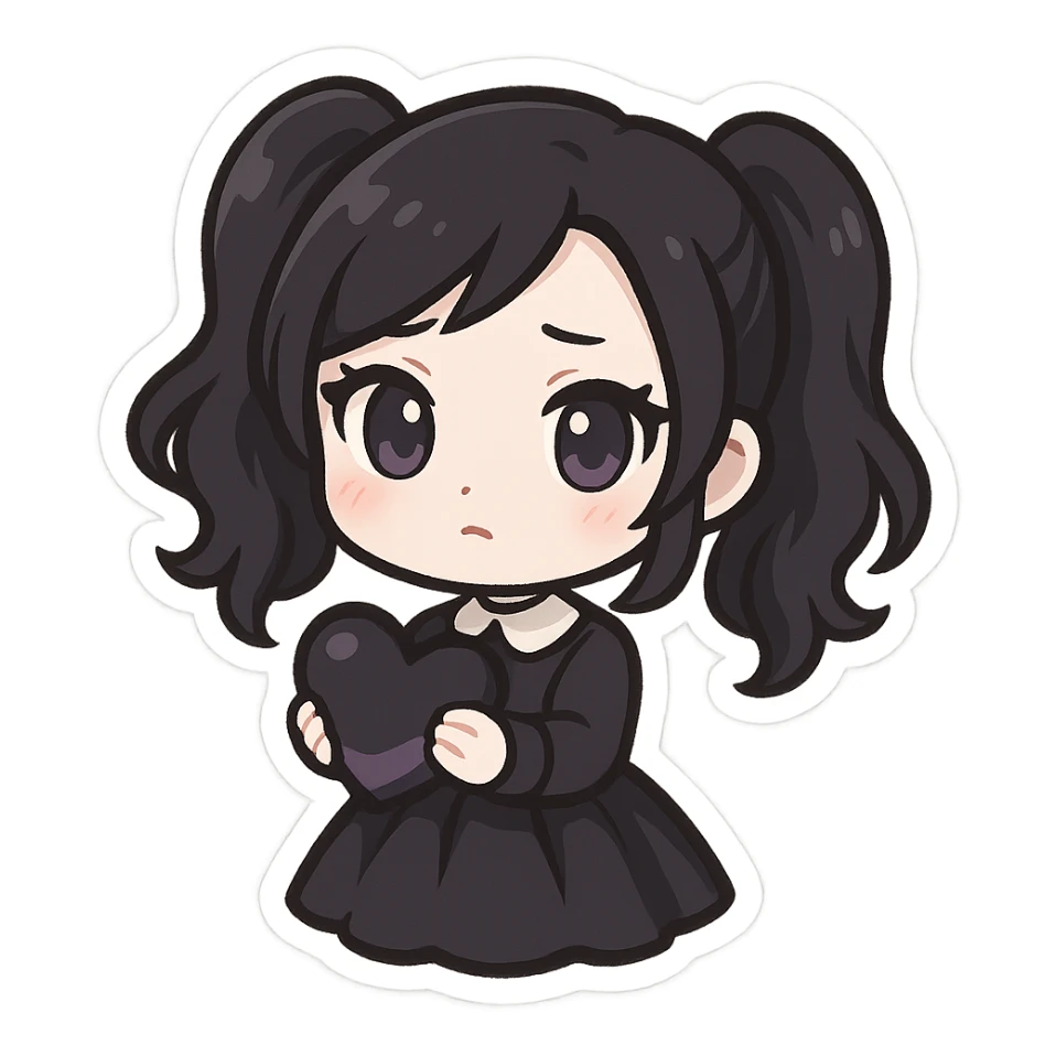 gothic chibi sticker, black and purple heart, cute and expressive, chibi style sticker