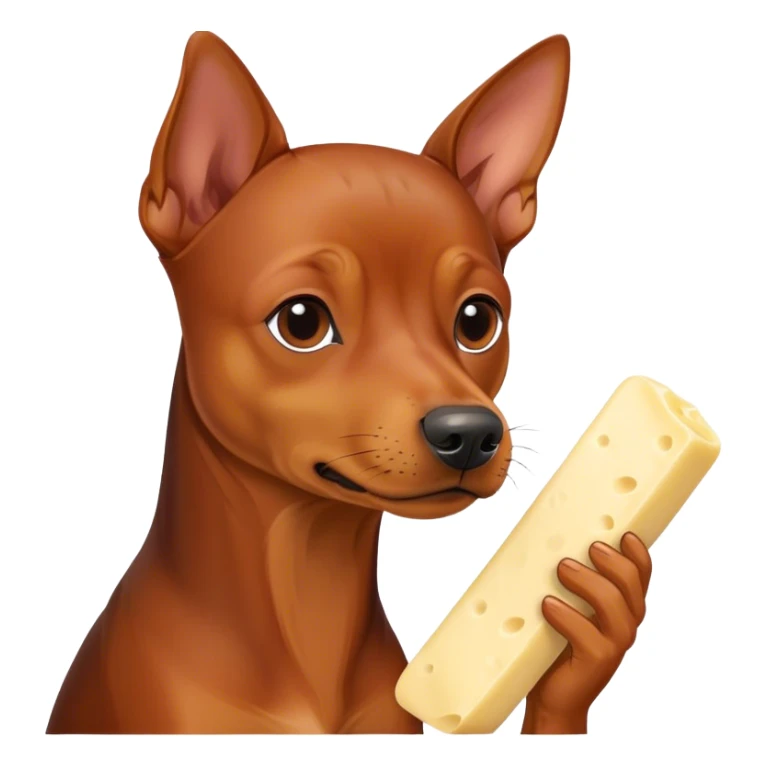 A German pinscher eating a pièce of string cheese sticker