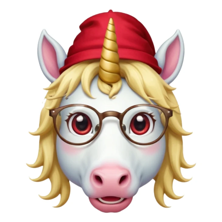 unicorn face cute wearing cute red hat, horn piercing through the hat looking in the camera, blond hair and spectacled. with big horn sticker