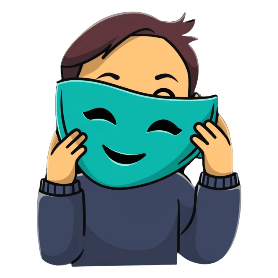 person holding a happy mask in front of their face, sad behind it sticker
