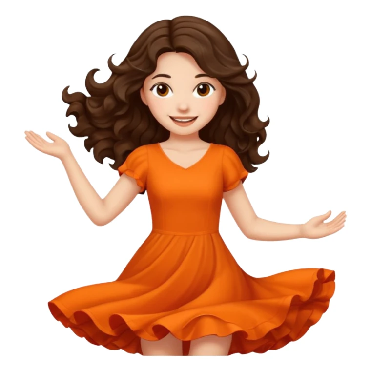 Long dark wavy hair women in orange standing twirling around sticker