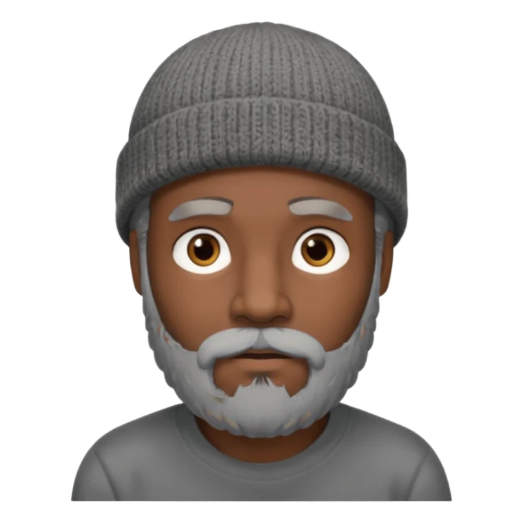 A dark-skinned man with a gray beanie, brown eyes, and a dark gray beard, wearing a calm expression. sticker