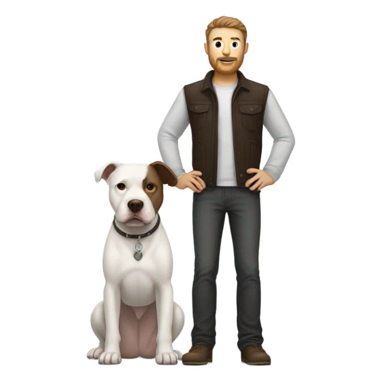 white male with dark brown hair and a lightly scruffy beard standing alongside a white pitbull sticker