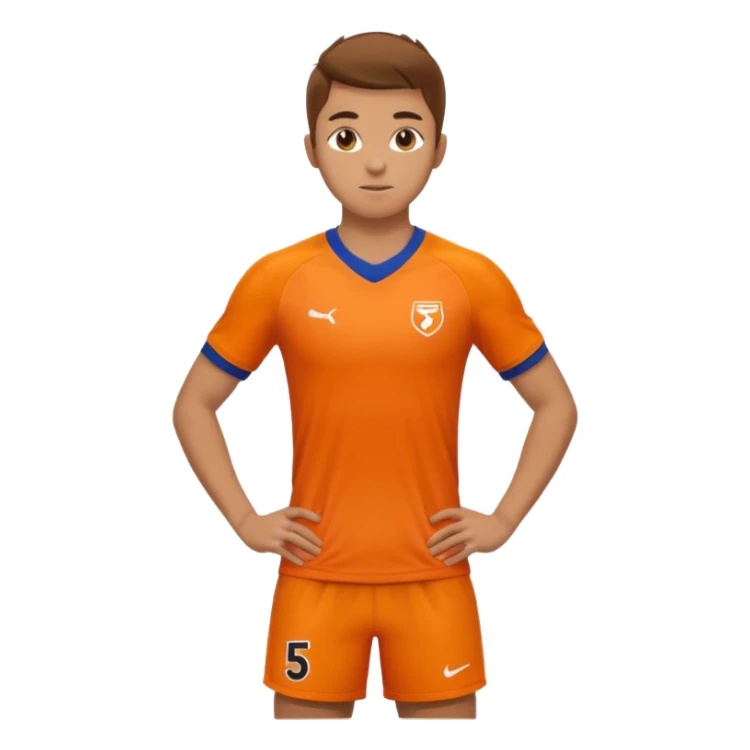 Apple iOS style 22 year old soccer player standing hands on waist, orange jersey #5, stadium lighting sticker