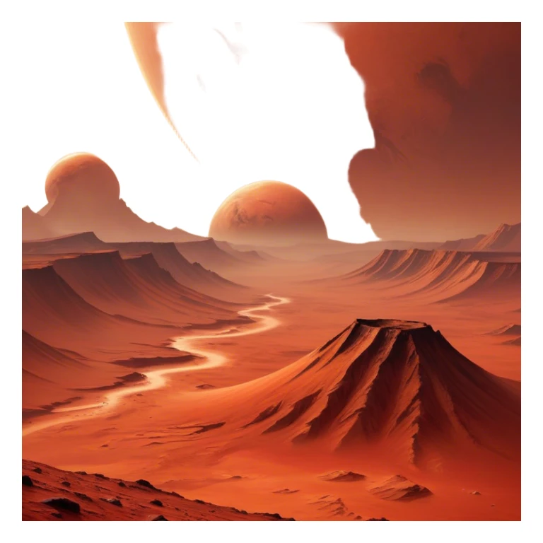 🔥 Cinematic Realistic Mars – A striking, high-resolution image of the Red Planet, featuring its iconic rust-colored terrain, deep canyons, and towering volcanoes. Swirling dust storms can be seen in the thin Martian atmosphere, with sunlight casting long shadows over its desolate, rocky landscape. sticker