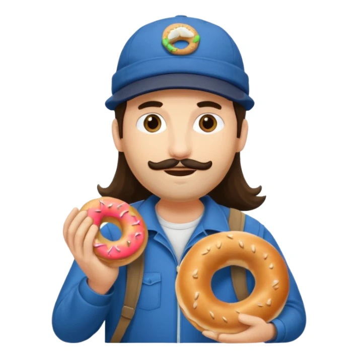 tourist brunette long hair man with cap holding bagel sticker