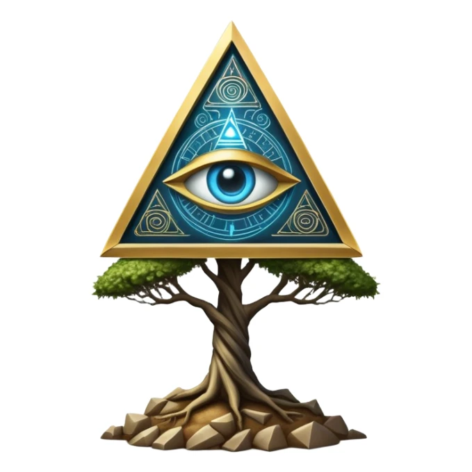 Annunaki tree from Garden of eden, that is actually a ancient tech antenna with illuminati all seeing eye in traingle symbol at the top and with little pyramids hanging like apples sticker