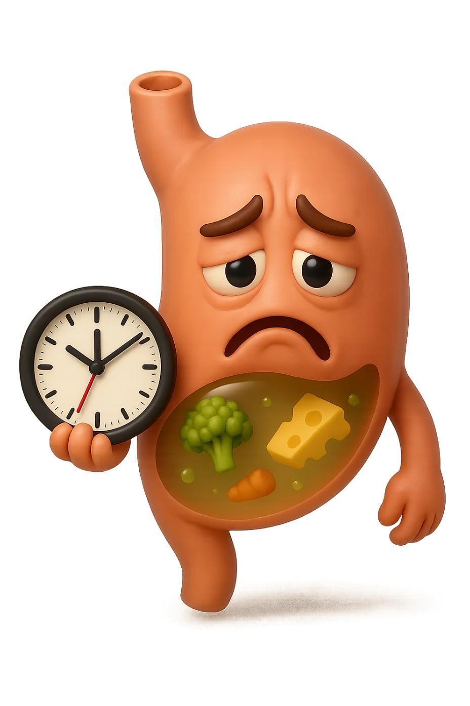EMOJI STILE IPHONE 3D DI UNo stomaco umano con espressione dolornate, ha del cibo visibile dentro che non sta digerendo. in mano tiene un orologio da muro, iperrealistico 4k sticker