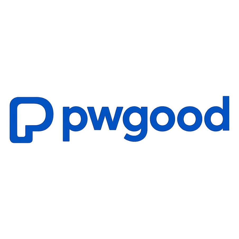 modern logo for 'pwgood' with bold sans-serif lettering, blue and white color scheme sticker