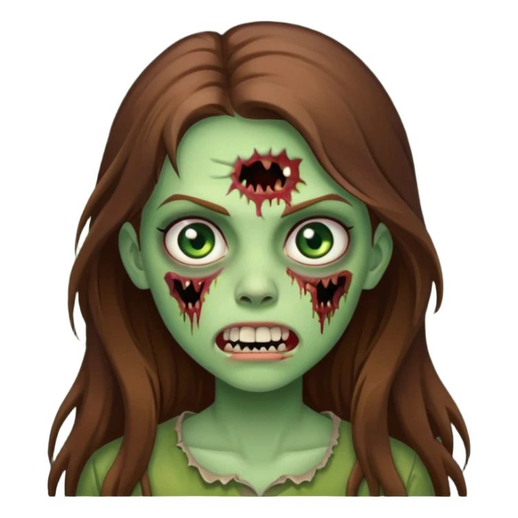 Girl zombie with brown long hair with teeth and serious face IOS style sticker