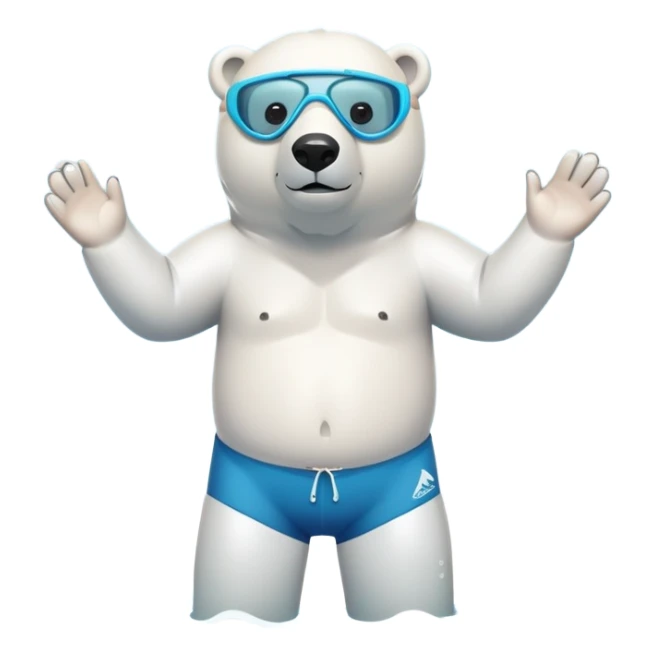 friendly anthropomorphised polar bear standing in a puddle of water, wearing loose board shorts, scuba mask over eyes, inflatable swimming armbands sticker