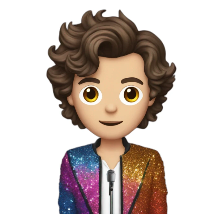 harry styles with a colourful and glitter outfit with a microphone  sticker