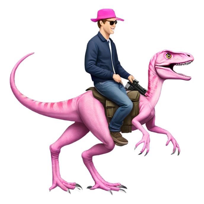 Mark zuckerburg riding a velociraptor with a machine gun with a pink hat that says “gay rights” sticker