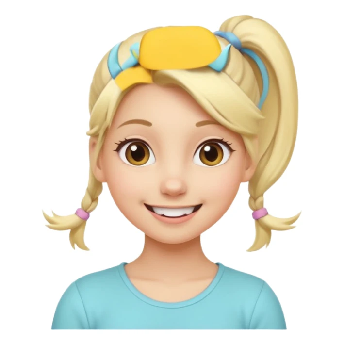 A playful blonde female cartoon character with wide, mischievous eyes, smiling, ponytail, dynamic pose suggesting movement, pastel colors, minimalistic and cute emoji style. sticker