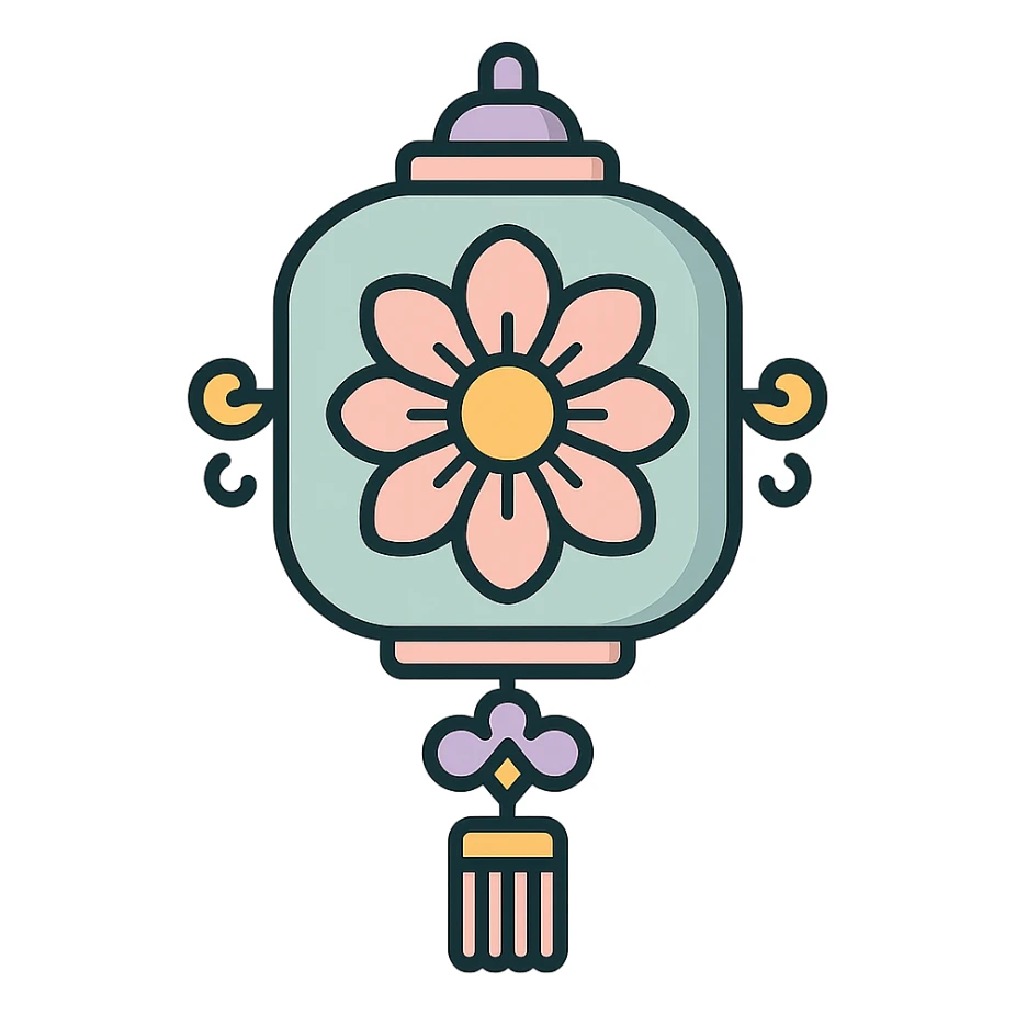 elegant Chinese lantern with large flower and decorative elements, detailed shadow, thin clean outlines, soft rounded shapes, pastel palette #98B5BC, #B5B3C1, #C9A3C9, #E4C0CA, #F7DCD1, #F7C0AA, modern Japanese pop-art and sticker aesthetic, high detail, vector clarity, soft lighting, transparent background sticker