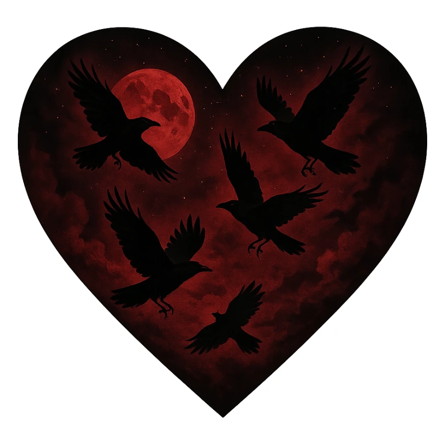 heart with red night sky and dark ravens, remove background sticker