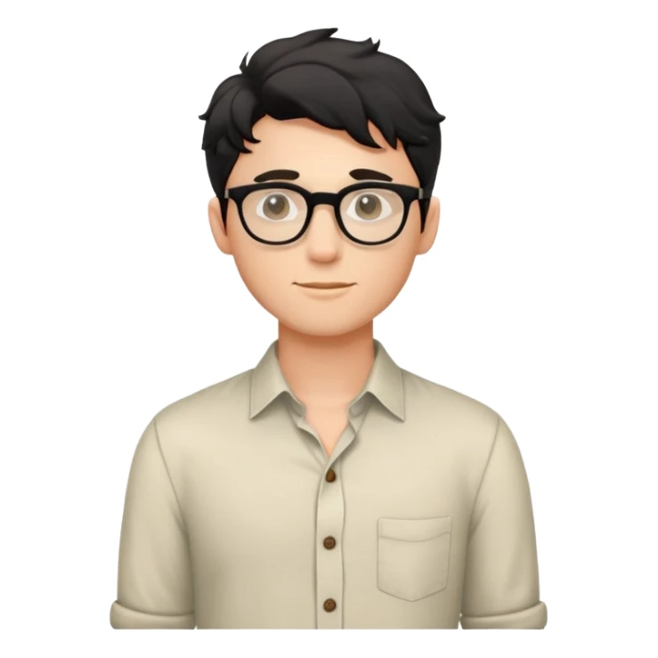 Young caucasian man with black wavy hair, round glasses, torso only, wearing relaxed buttoned-up shirt without a tie sticker