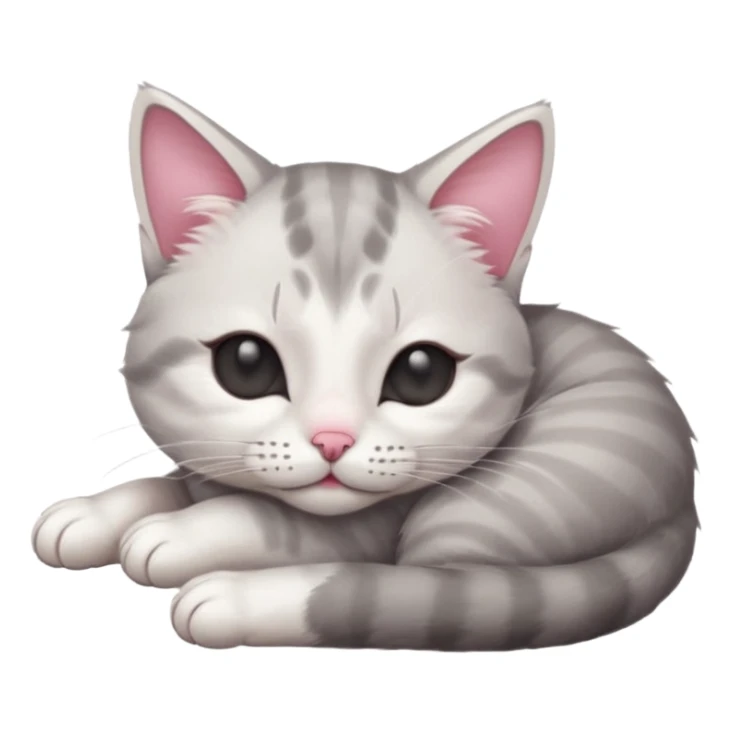 grey and white small cat with its eyes closed lying down with his head leaning on his paw sticker