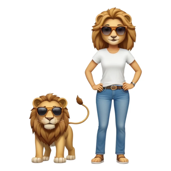 friendly anthropomorphised female lion character, full body, standing confidently with legs shoulder width apart and hands on hips, wearing jeans, a white t-shirt, and dark sunglasses, with a confident smile sticker