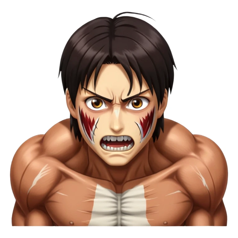Eren's Attack Titan form from Attack on Titan, muscular with long dark hair and exposed teeth sticker