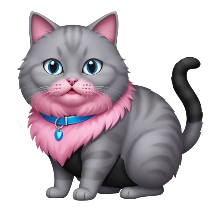 Fat grey cat with blue eyes and pink collar attacking another black cat sticker