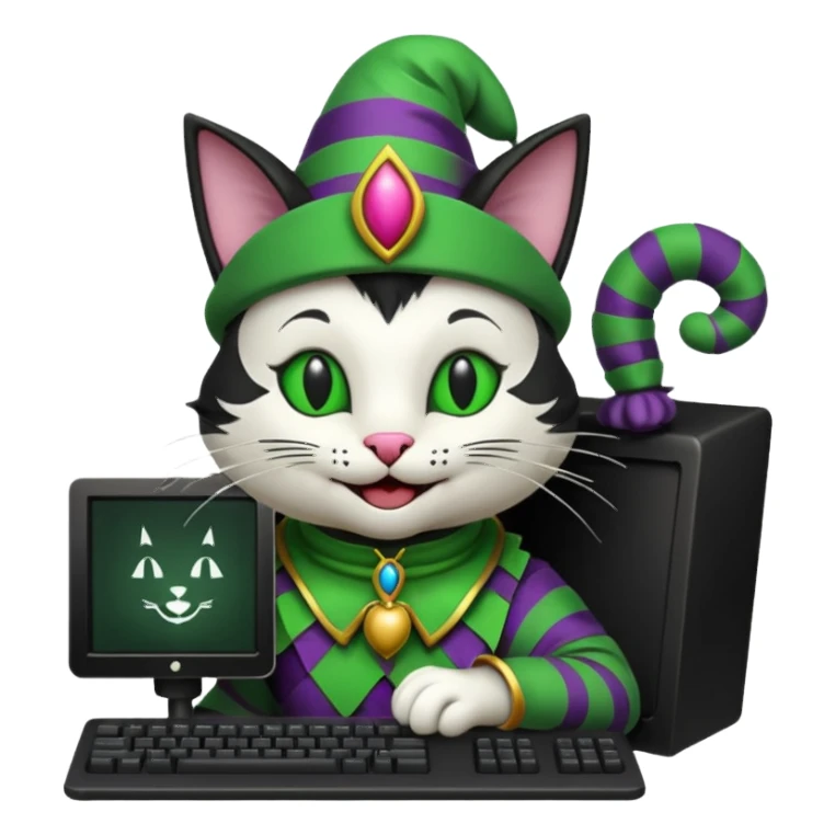 mac os icon code computer retro terminal, black, green white, fantasy court jester cat draw as ASCII code inside the terminal sticker