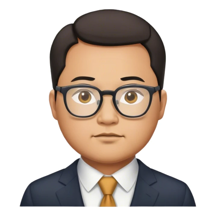 A slightly fat Asian man wearing a suit and glasses with a strong aura sticker