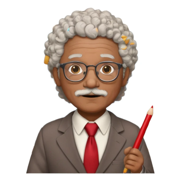 old man teacher, brown skin, curly grey white hai, wearing glasses, brown suit, red tie hold chalk on hand sticker