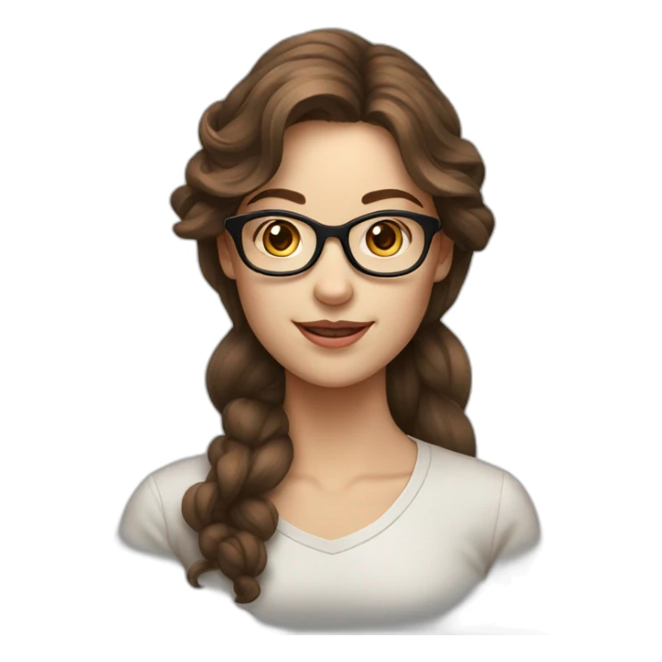 young lady, white skin, wavy brown hair, glasses, sticker