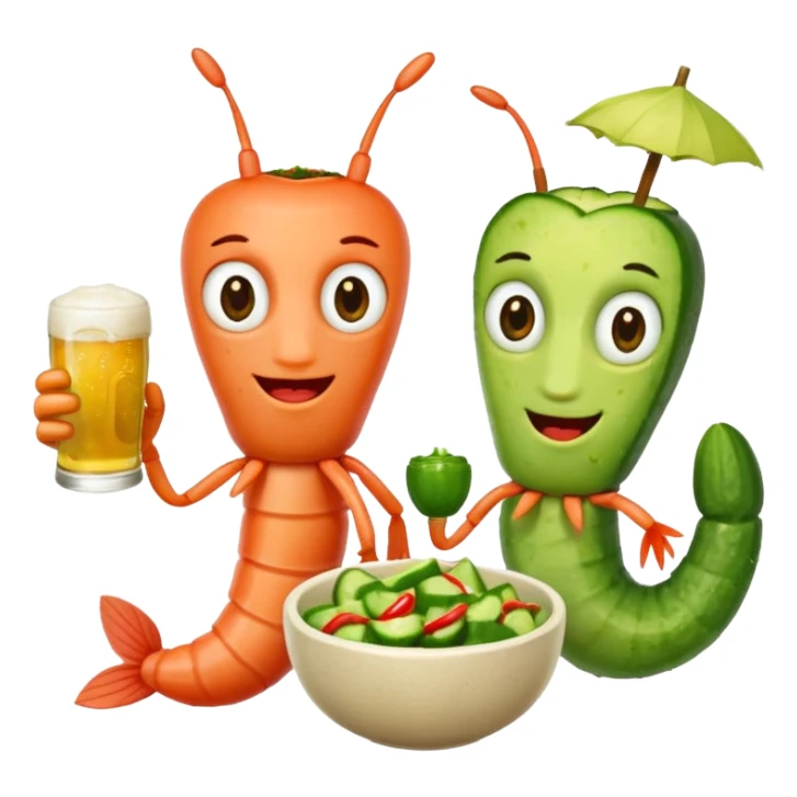 Create a modern emoji-style illustration of two shrimp characters, friendly and cool, slightly cartoon but stylish, not childish.
They are toasting (‘salud’), one shrimp holding a beer mug with aguachile topping, the other holding a fresh aguachile bowl with cucumber and chili.
  sticker