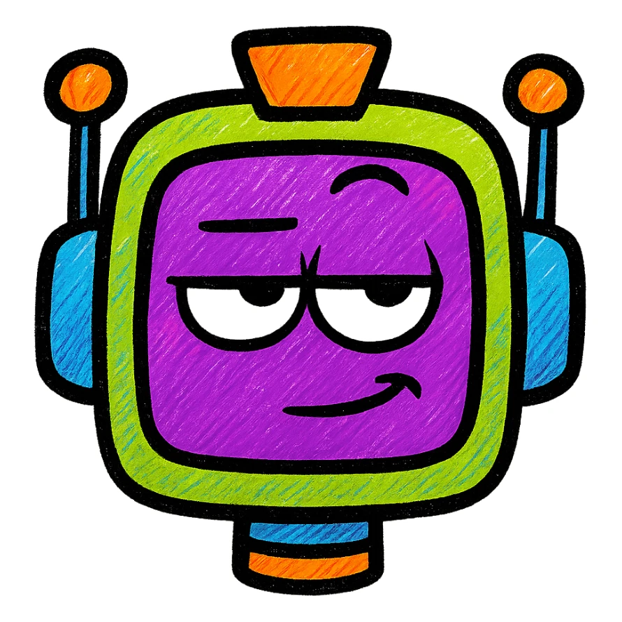 Create a sarcastic-looking robot with the same color scheme: purple face, green frame, orange and blue accents, expressive sarcastic face, but with a different sarcastic expression such as rolling eyes, raised eyebrow, or smirk. Keep the style playful and bold in vibrant pop colors style. sticker