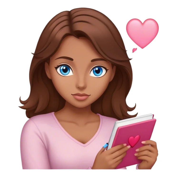 female writer happy, brown hair and blue eyes writing a light pink romance novel with heart sticker