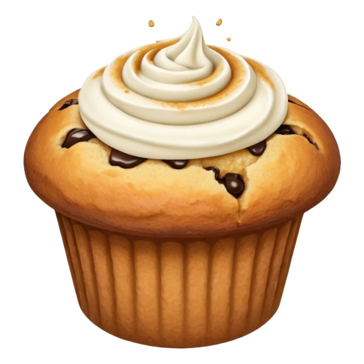 A tube squirting cream into a hole in a muffin sticker
