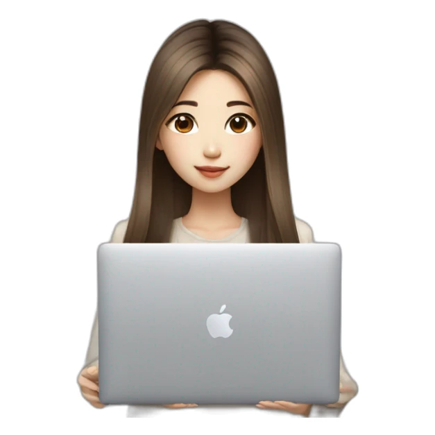 brown balayage straight long Hair korean girl with macbook sticker