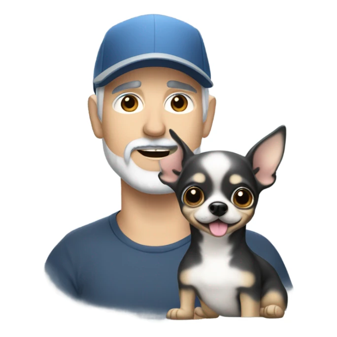 Handsome blue eyed man, with grey hair,  and grey goatee beard, wearing ball cap, holding a black long hair chihuahua  sticker