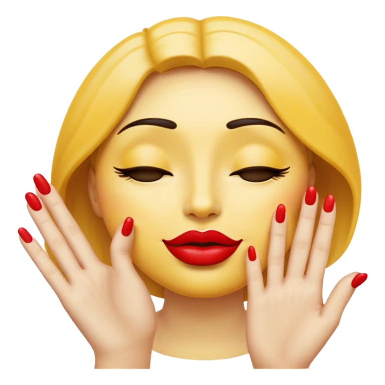 Standard yellow emoji face with closed eyes forming upward curved lines, visible eyelashes, pursed lips with red lipstick, and a hand showing only the thumb out with all other fingers closed against the palm, painted nails sticker