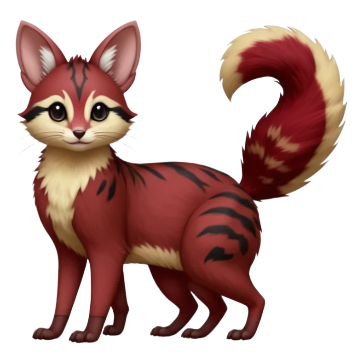 Maroon-Red, black-pointed, soft natural realistic romantic vintage antique divine beautiful elegant pretty precious cute young youthful  Fakémon-Pokémon-opossum-feline-mouse-serval-caracal-chinchilla-Minccino-Cinccino-Meowstic-rodent-hybrid-creature with a big fluffy bushy tail (full body) sticker