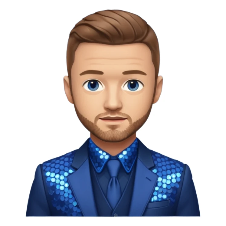 Justin Timberlake with light brown hair, blue eyes, sequin navy blue suit jacket sticker