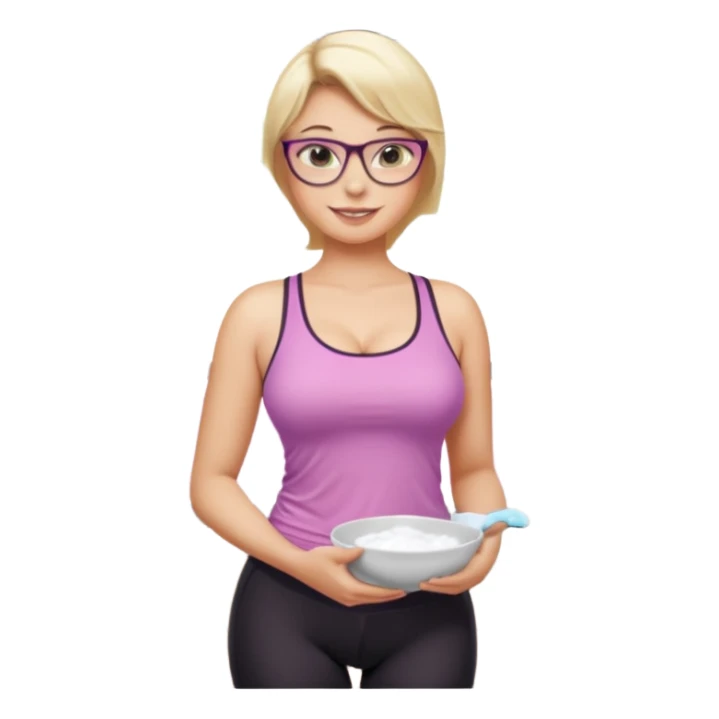Seductive, Curvy fair skinned woman, short blond hair, small light purple reading glasses, washing dishes, SFW sheer pink tank top, without undergarments showing natural breast shape SFW, black yoga pants, thick booty sticker