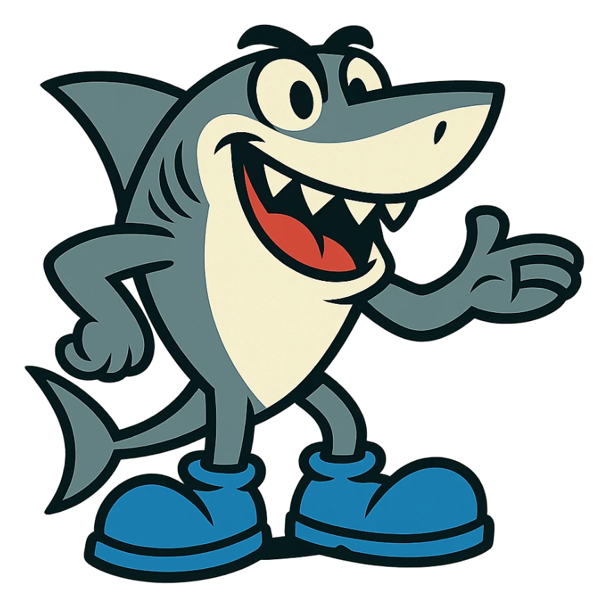 cartoonish shark character with exaggerated blue shoes, playful and bold sticker