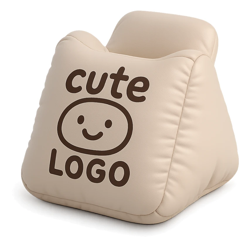 cute hand-drawn logo on a soft cushion-shaped phone stand, playful branding gadget sticker
